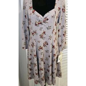 BeBop Skater Dress JRS Size Xl Mauve Floral Sweetheart 3/4 Sleeve Boho Cottage